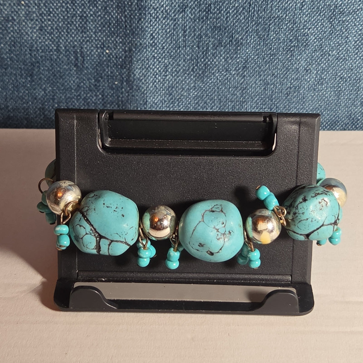 Chunky Faux Turquoise Silver Tone Stretch Bracelet Boho Y2K NWOT