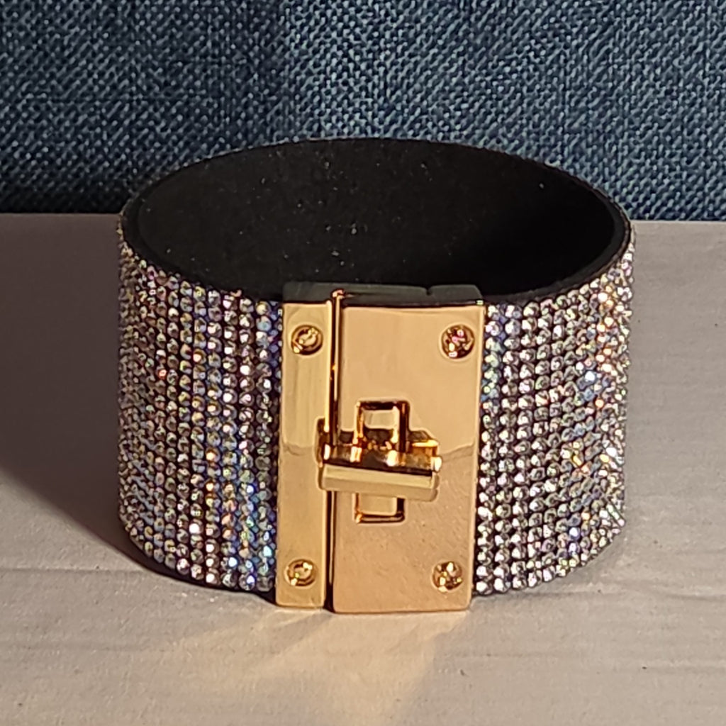 Rhinestone Wide Cuff Bracelet AB Crystal Gold Tone Y2K Glam Style NWOT