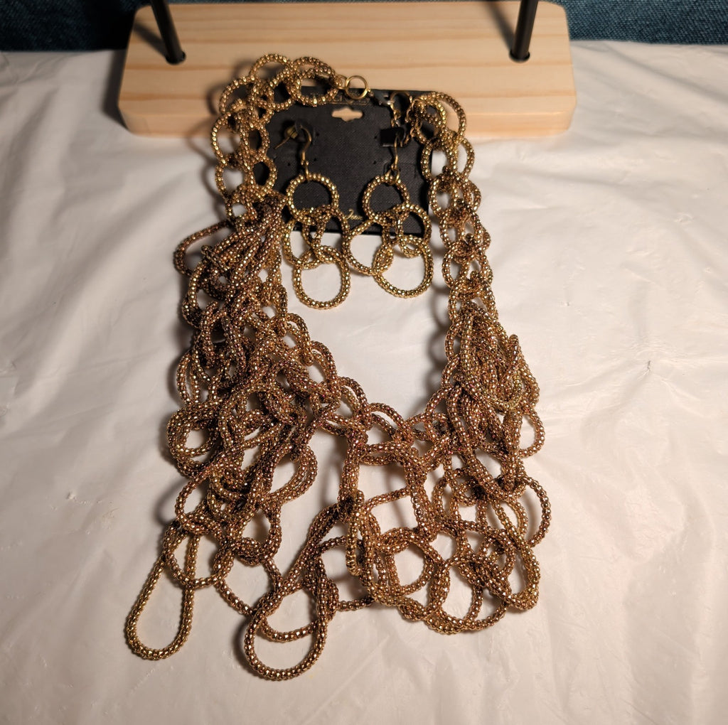 Traci Lynn Roppie Gold Mesh Crystal Collar Necklace Earring Set Vintage Choker