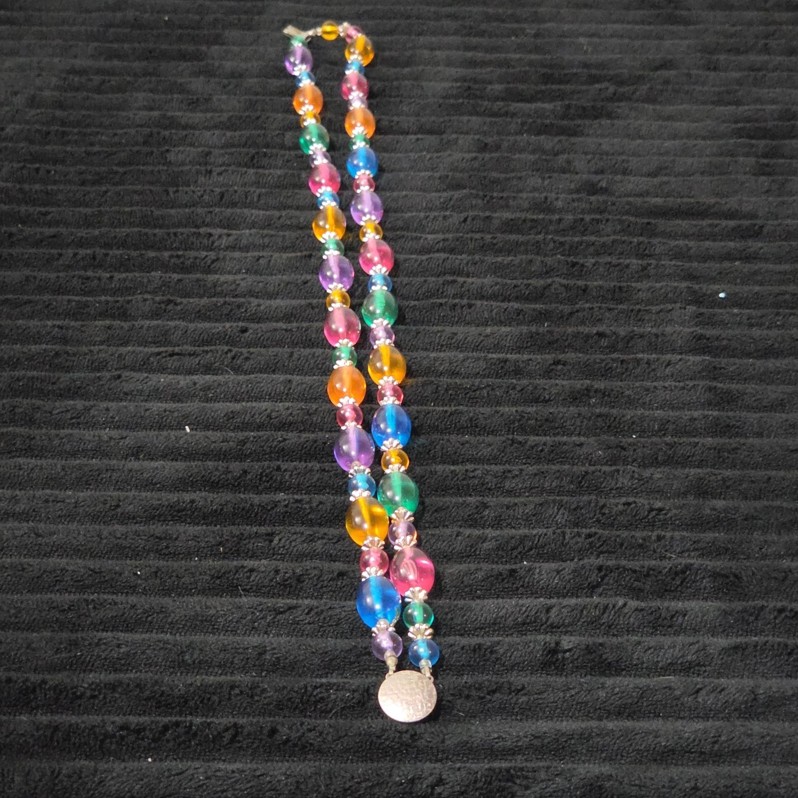 Vintage Rainbow Lucite Bead Necklace Long Opera 35 Inch Multi Color Silver Caps