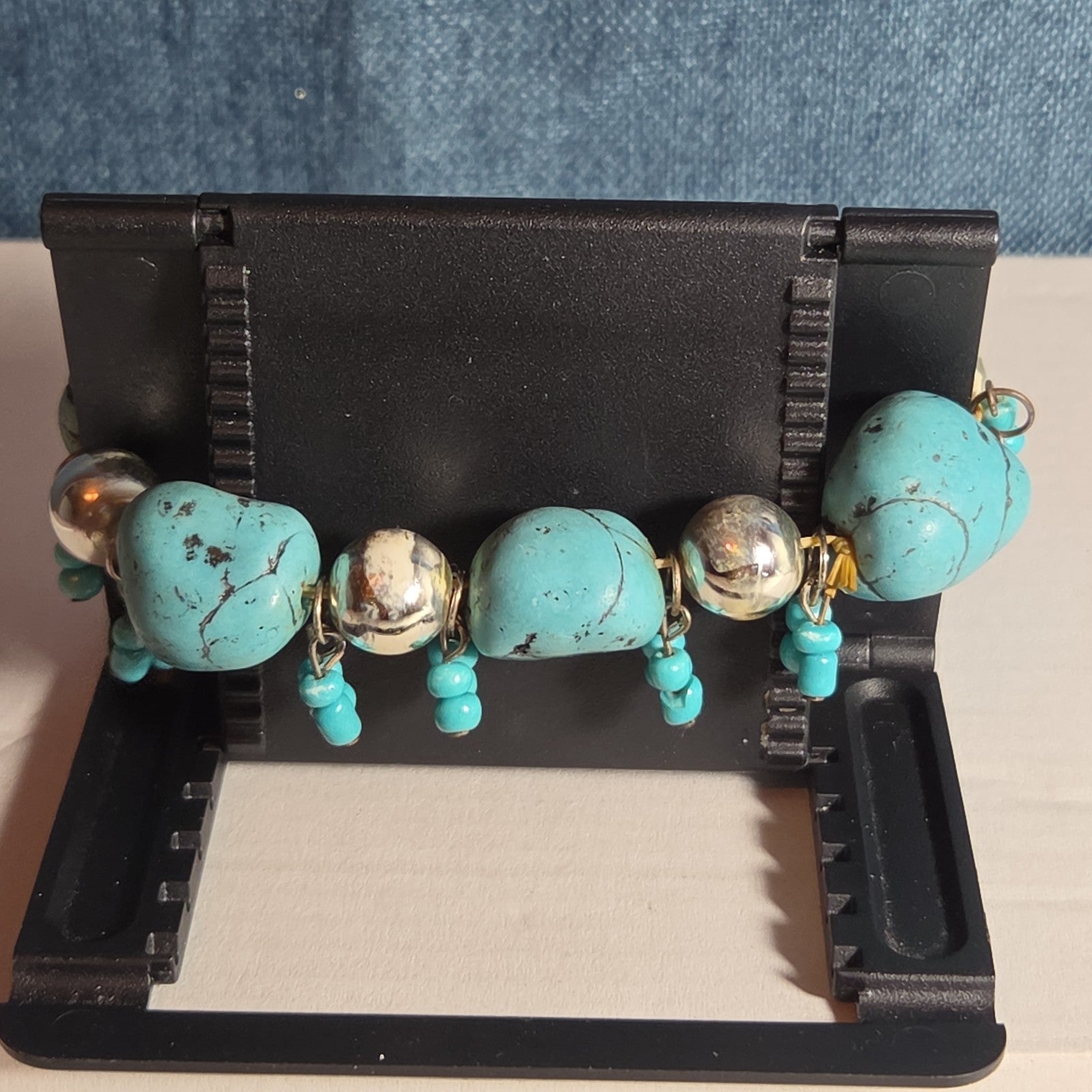 Chunky Faux Turquoise Silver Tone Stretch Bracelet Boho Y2K NWOT