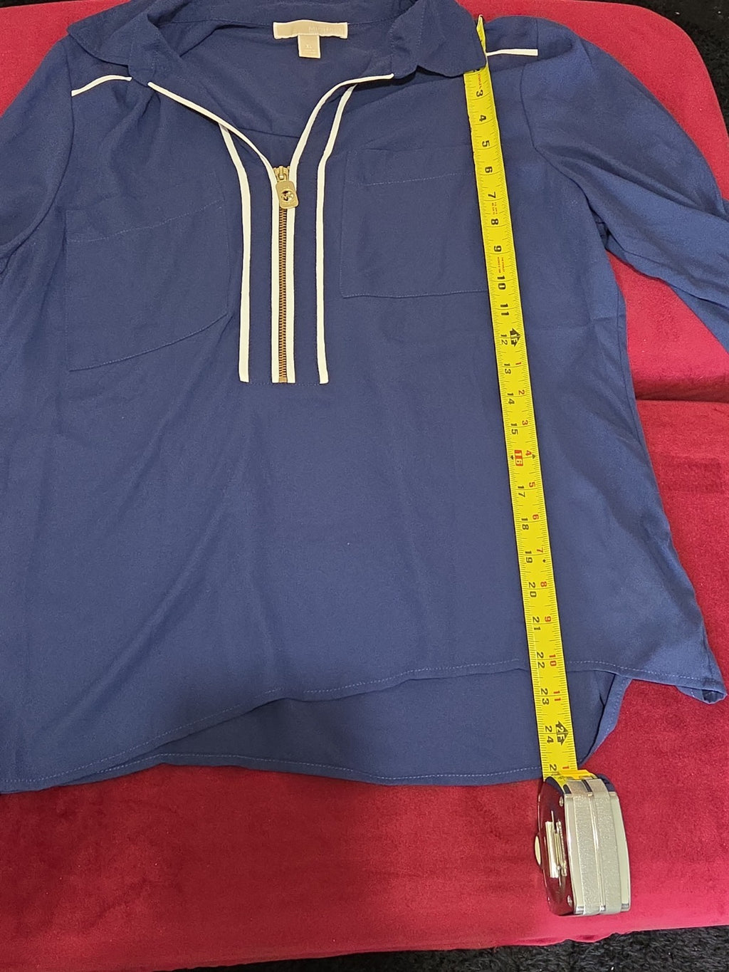 Michael Kors Blouse XL Navy Blue Zip Front Roll Tab Sleeve Shirt Gently Used