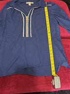 Michael Kors Blouse XL Navy Blue Zip Front Roll Tab Sleeve Shirt Gently Used