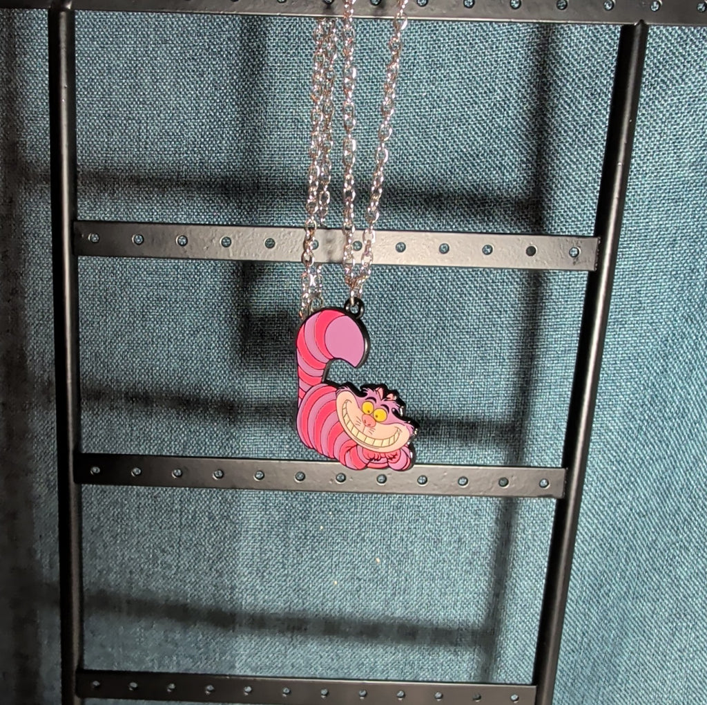 Cheshire Cat Necklace Pink Enamel Silver Tone Pop Culture