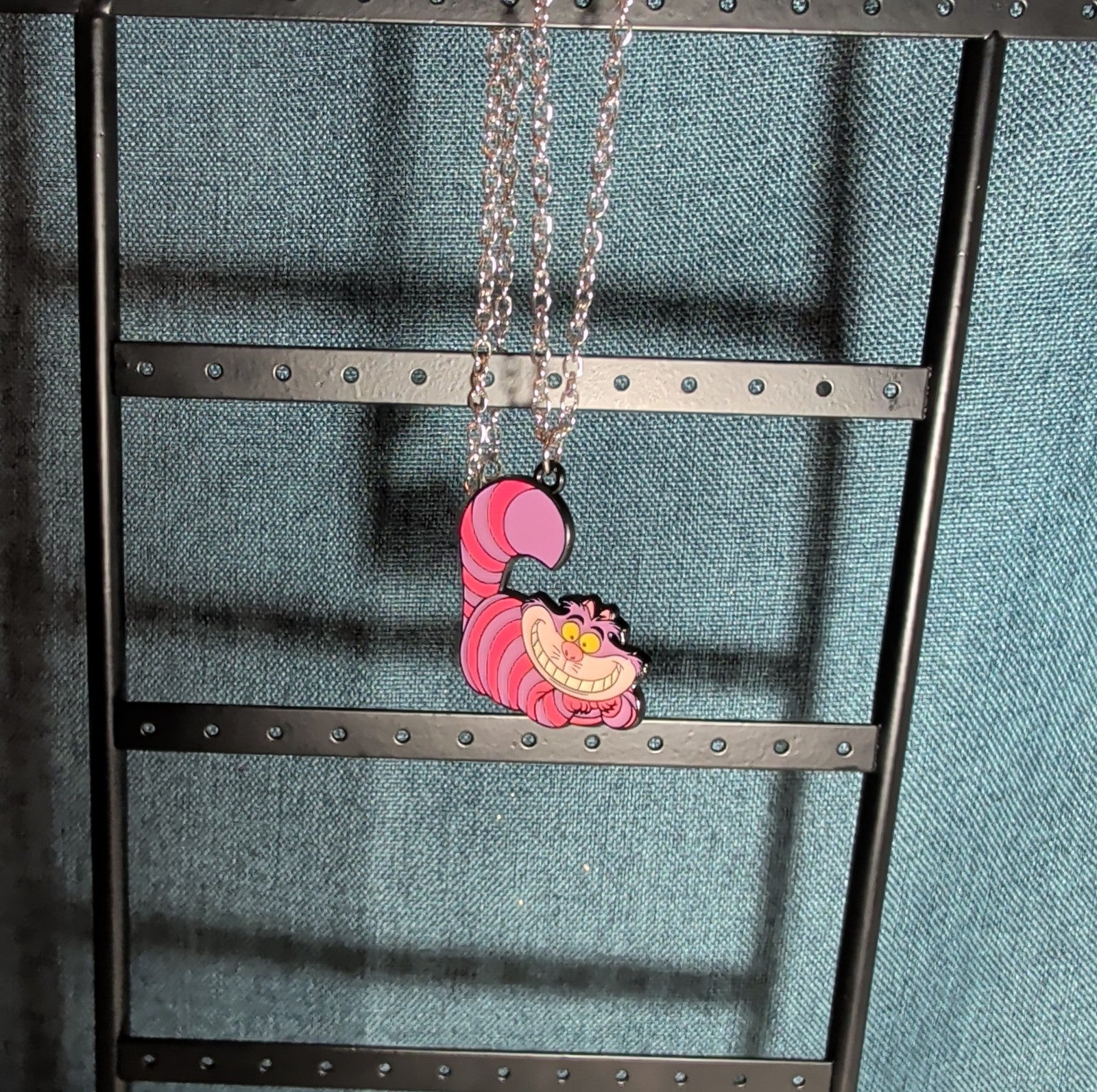 Cheshire Cat Necklace Pink Enamel Silver Tone Pop Culture