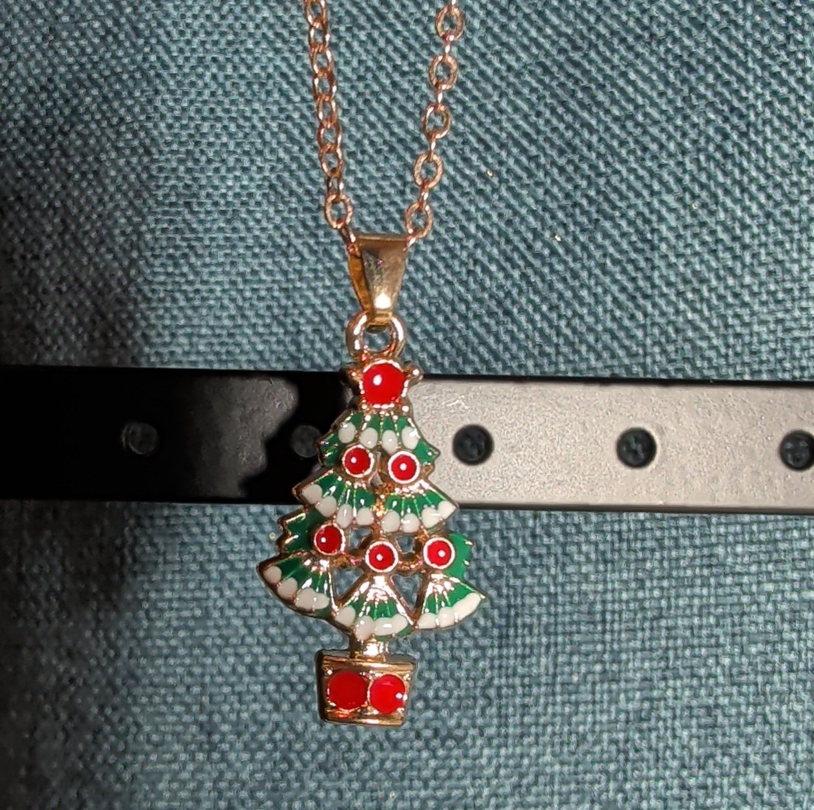Christmas Tree Necklace Earring Set Gold Tone Enamel Holiday