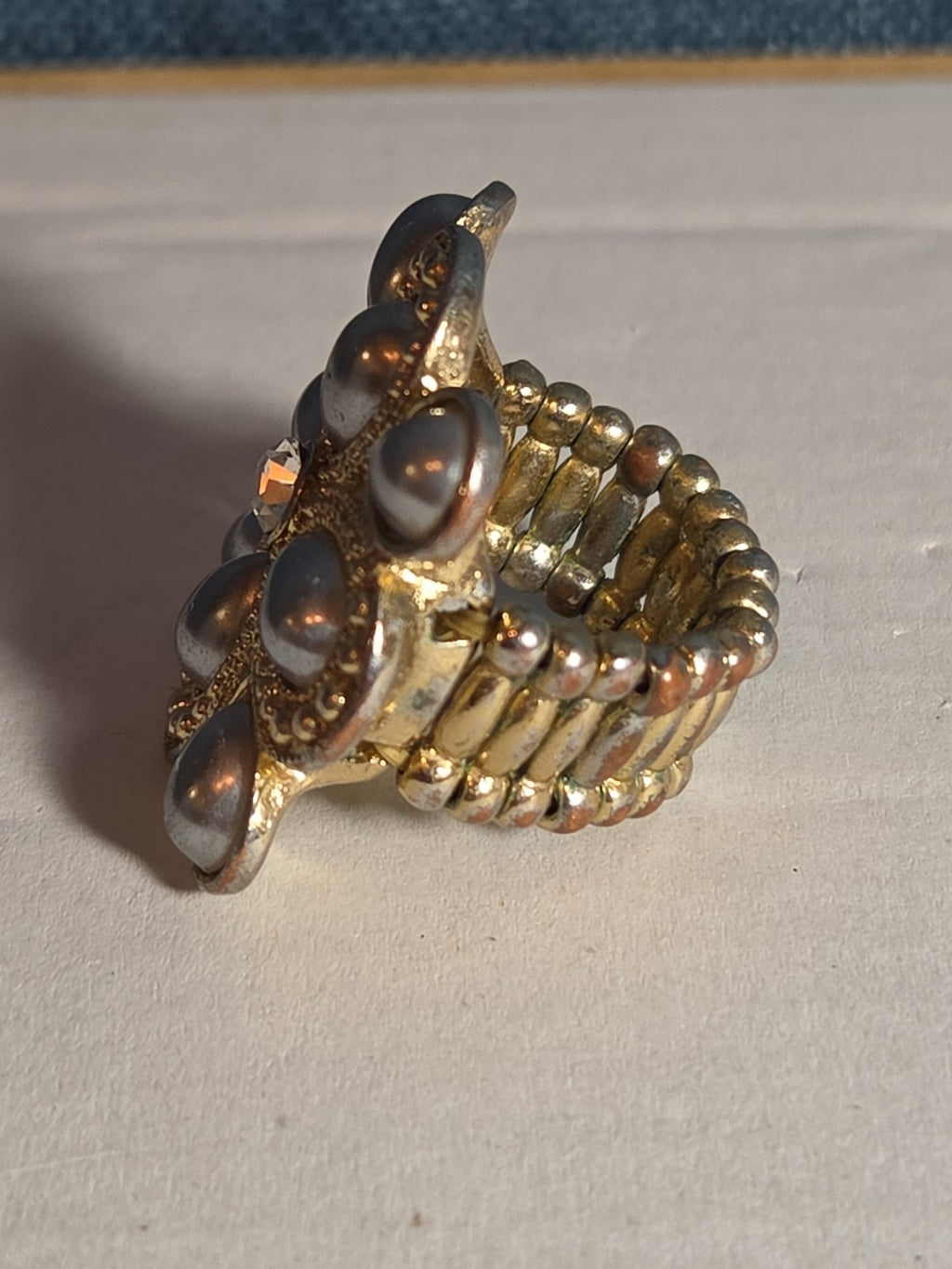 Sarah Coventry Pearl Rhinestone Flower Ring Vintage  Adjustable