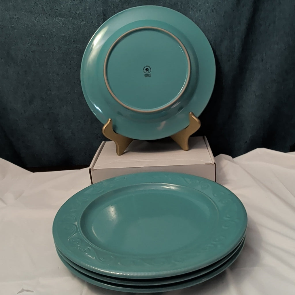 Set of 4 Royal Norfolk Dinner Plates Turquoise Teal Blue Scrolls Rim 10.5"