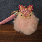 Pink Rhinestone Fox Pom Pom Keychain Charm Braided Strap