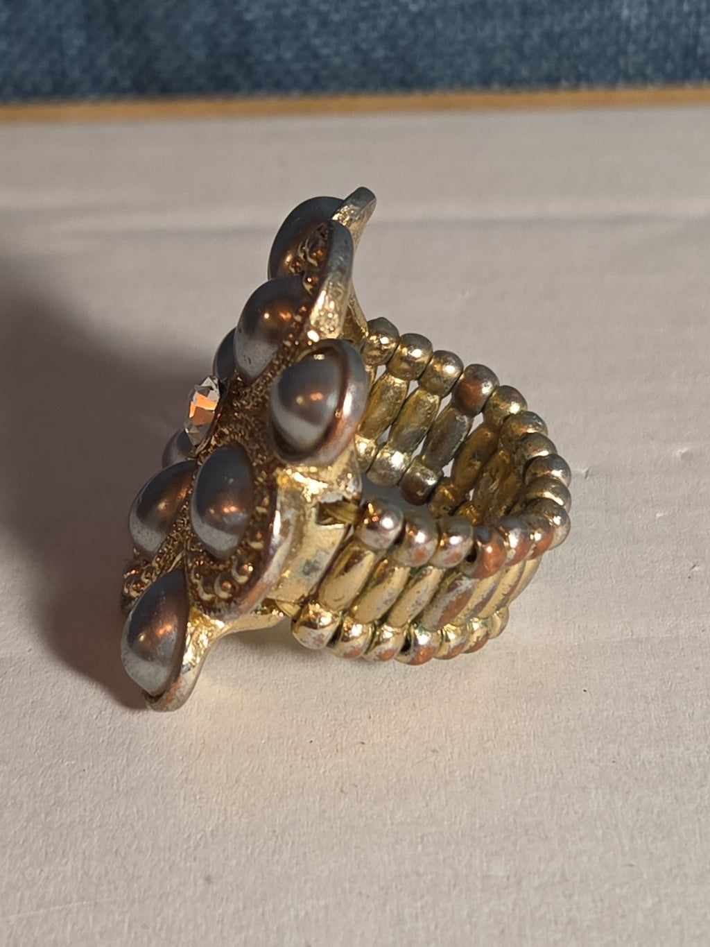 Sarah Coventry Pearl Rhinestone Flower Ring Vintage  Adjustable