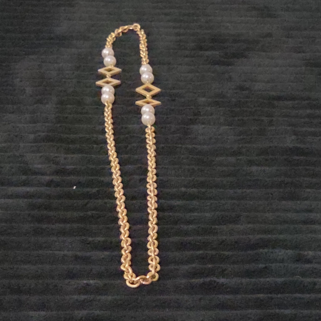 Vintage Gold Tone Geometric Necklace Long Pearl Station Diamond Link Chain 32"