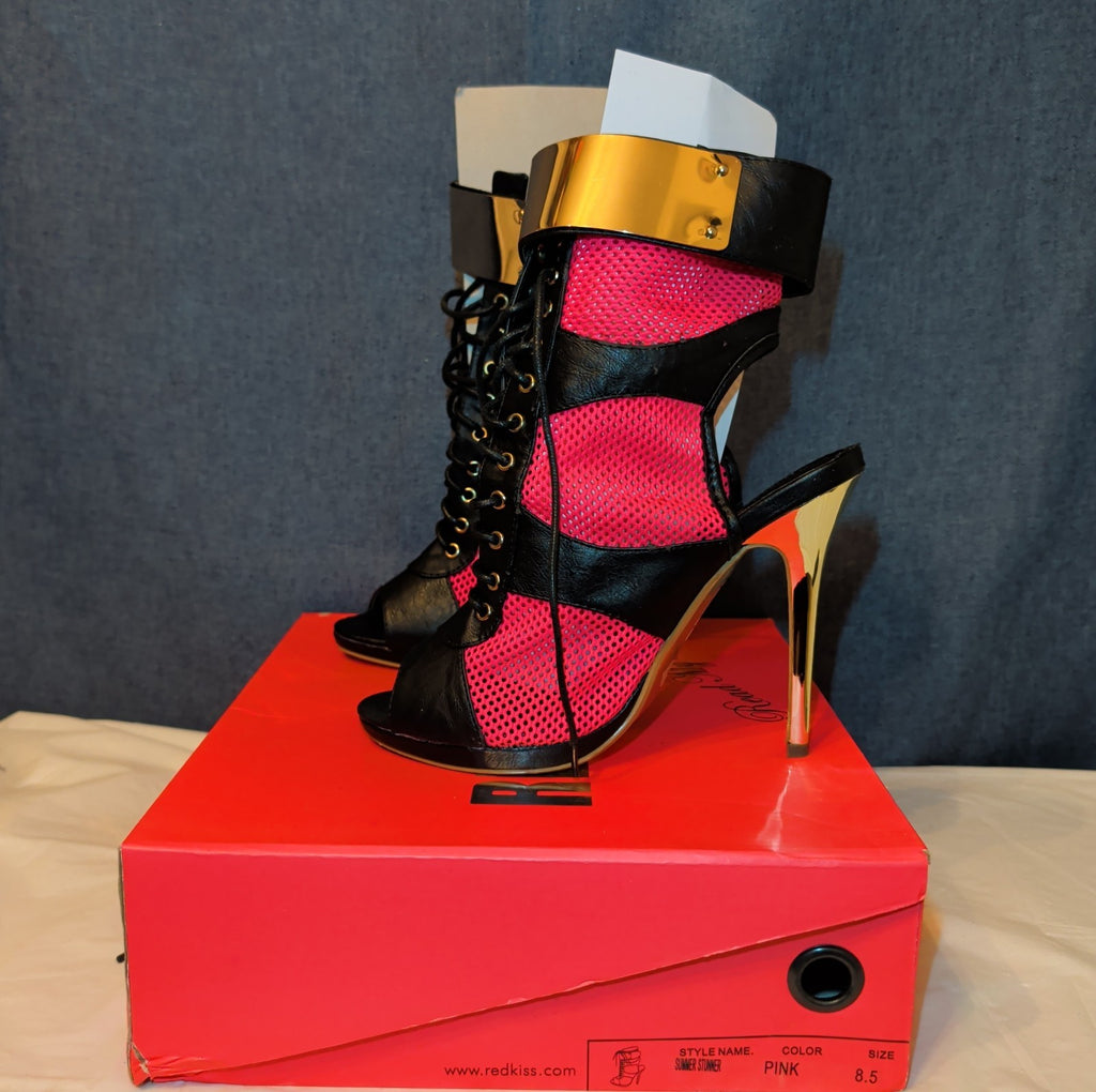 RedKiss Summer Stunner Heels Size 8.5 Pink Black Lace Up Caged Stiletto