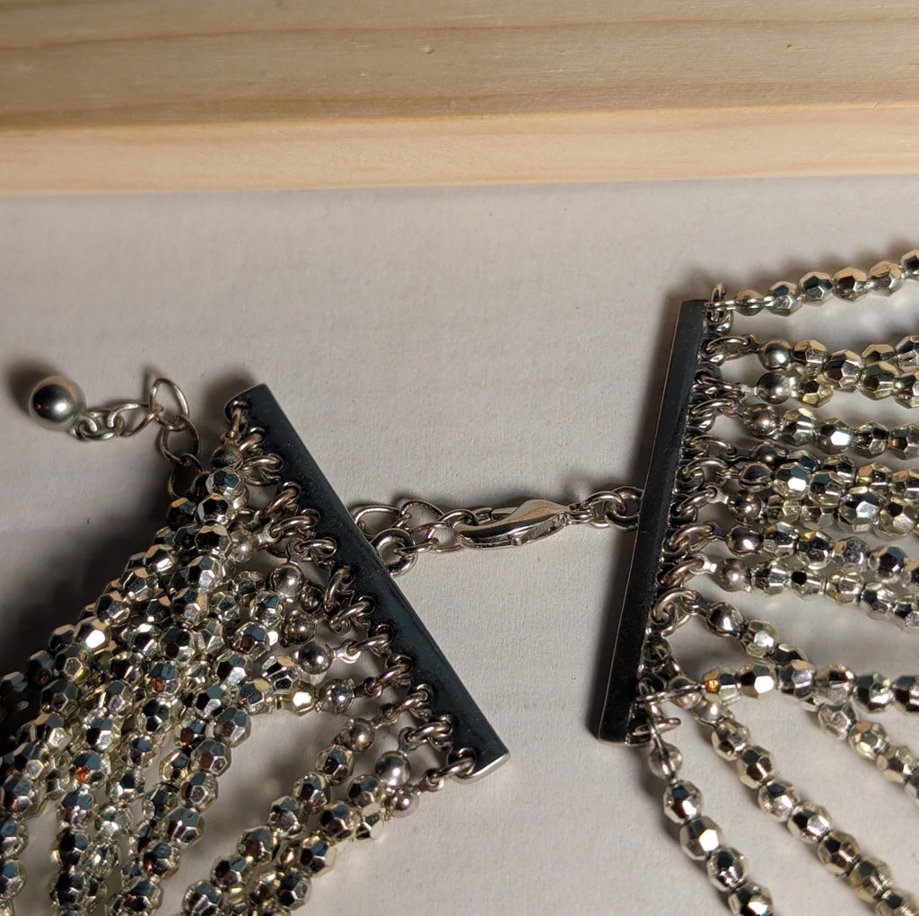 Multi Strand Silver Tone Beaded Statement Necklace Glam