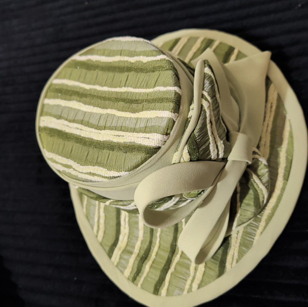 Carissimo Green Striped Wide Brim Church Derby Hat Bow Ribbon Vintage