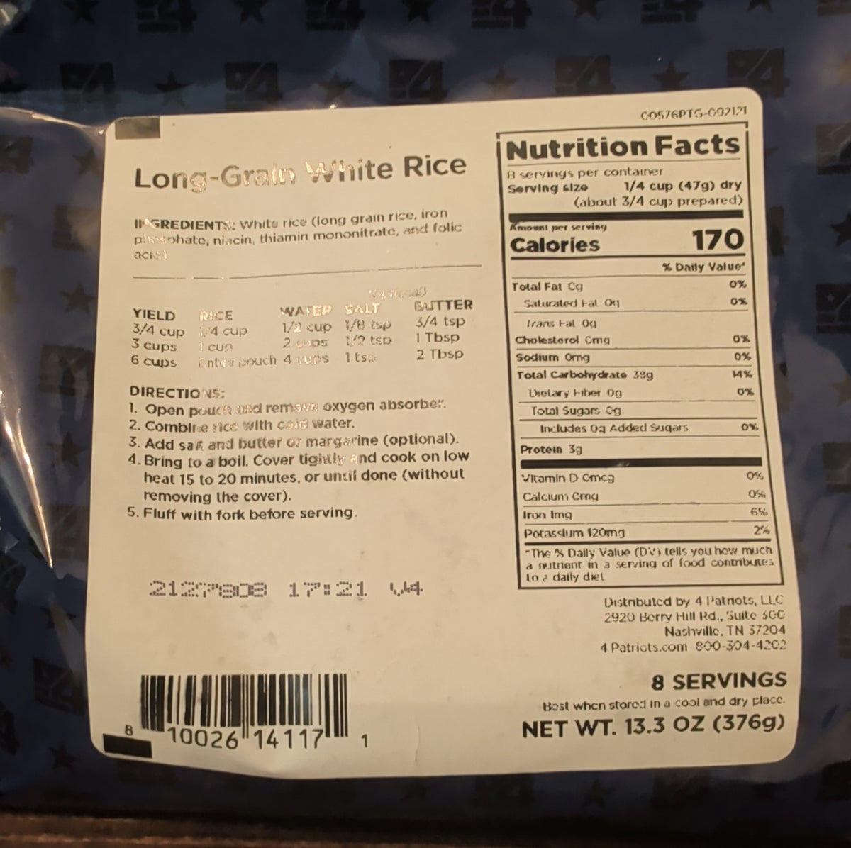 4Patriots Long Grain White Rice Survival Food Pouch 8 Servings