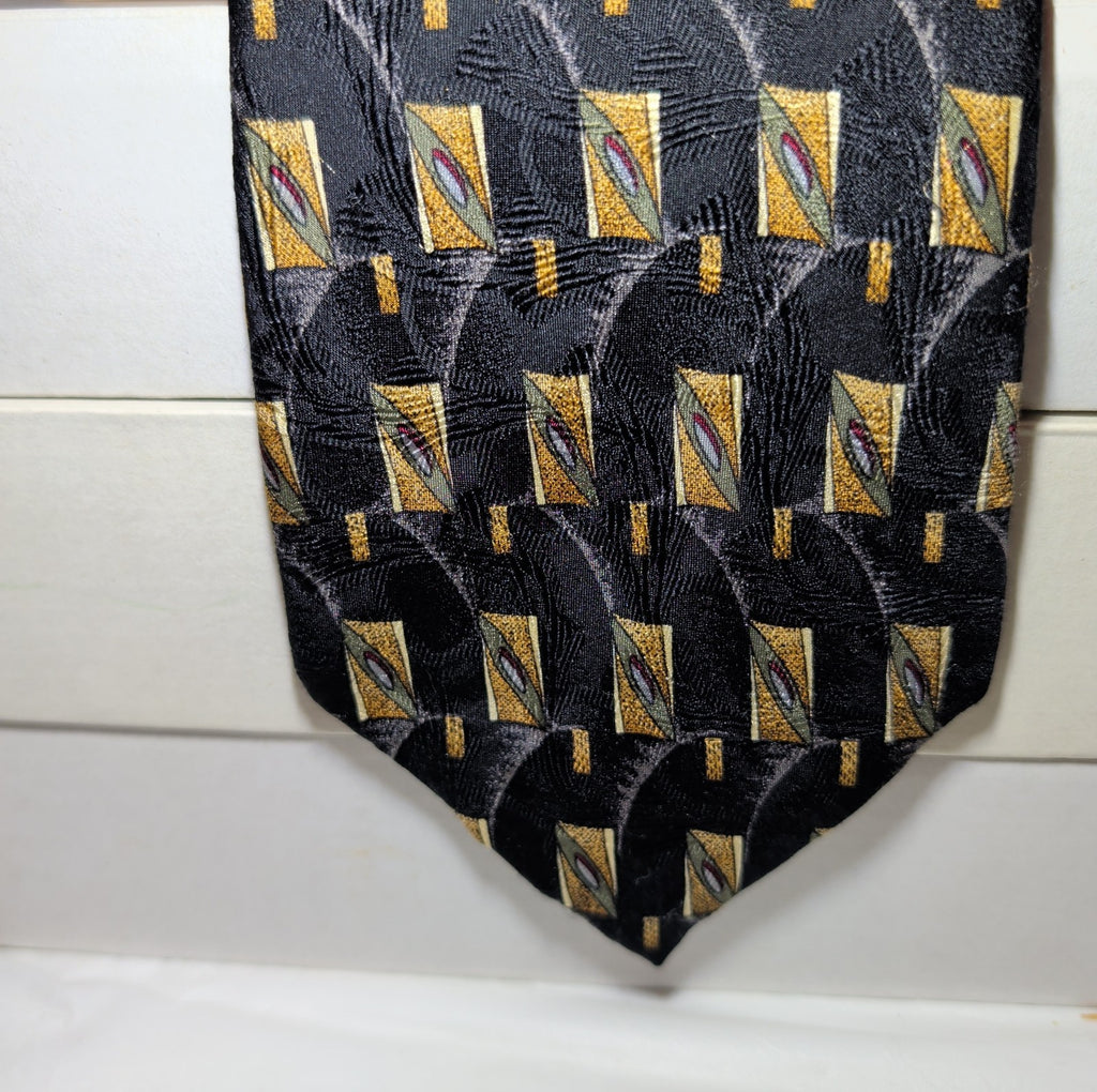 Vtg Ferrell Reed for Edwards Silk Neck Tie Black Gold Geometric Art Deco 59.5
