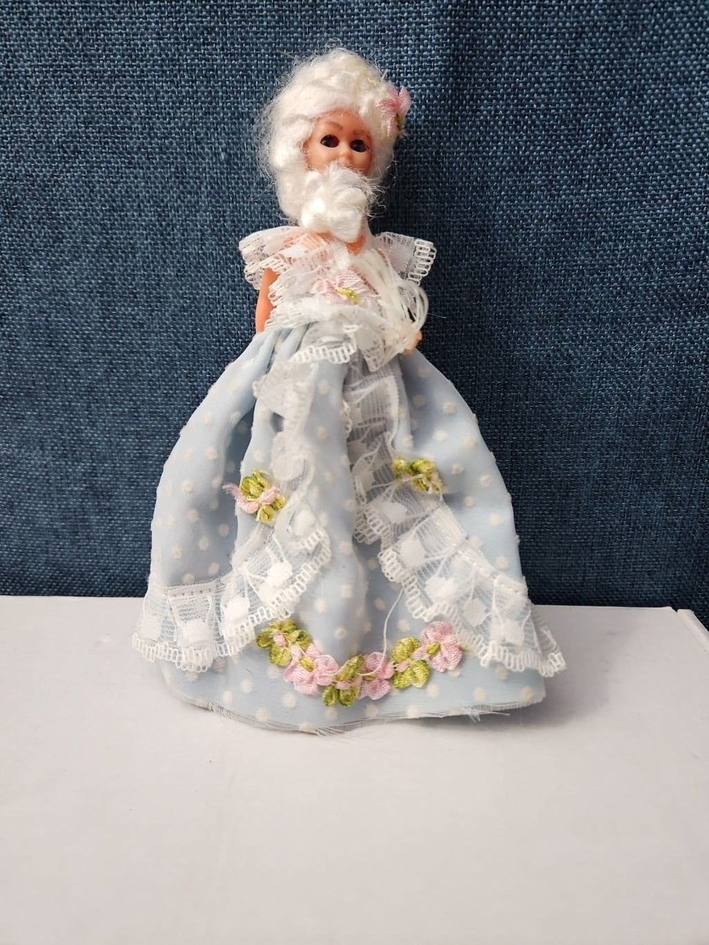Vintage 5.5" Costume Doll | Blue Polka Dot Rococo Dress | Hard Plastic Souvenir