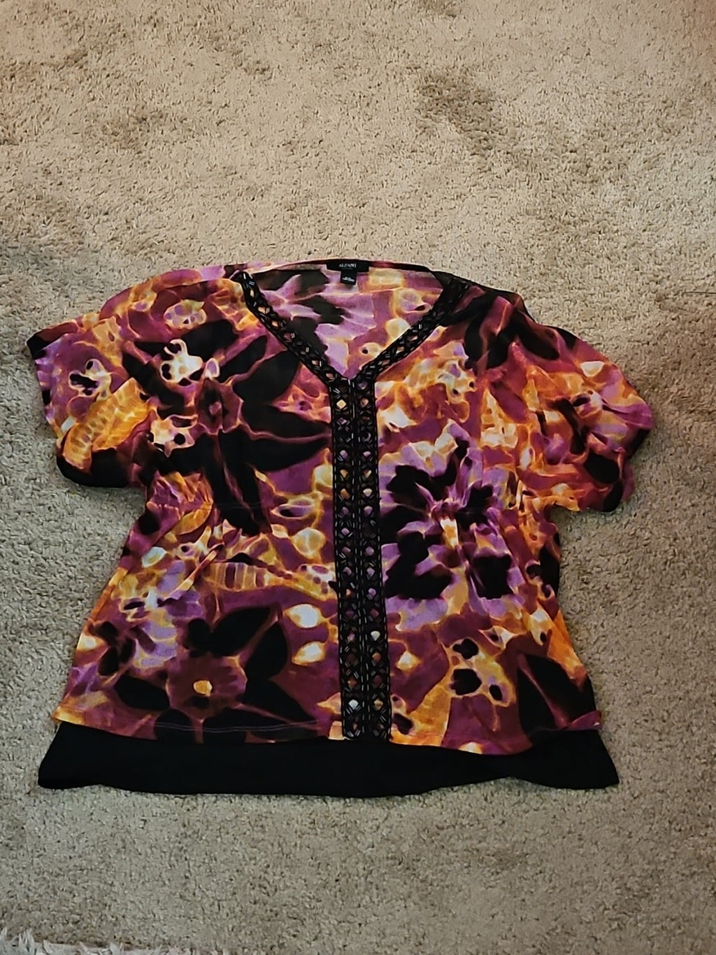 Alfani Petite Large P/L Boho Mesh Top Sheer Beaded V-Neck Floral Purple Blouse