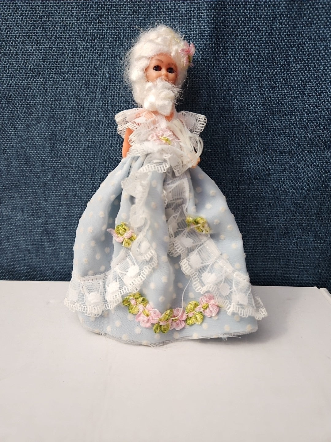 Vintage 5.5" Costume Doll | Blue Polka Dot Rococo Dress | Hard Plastic Souvenir