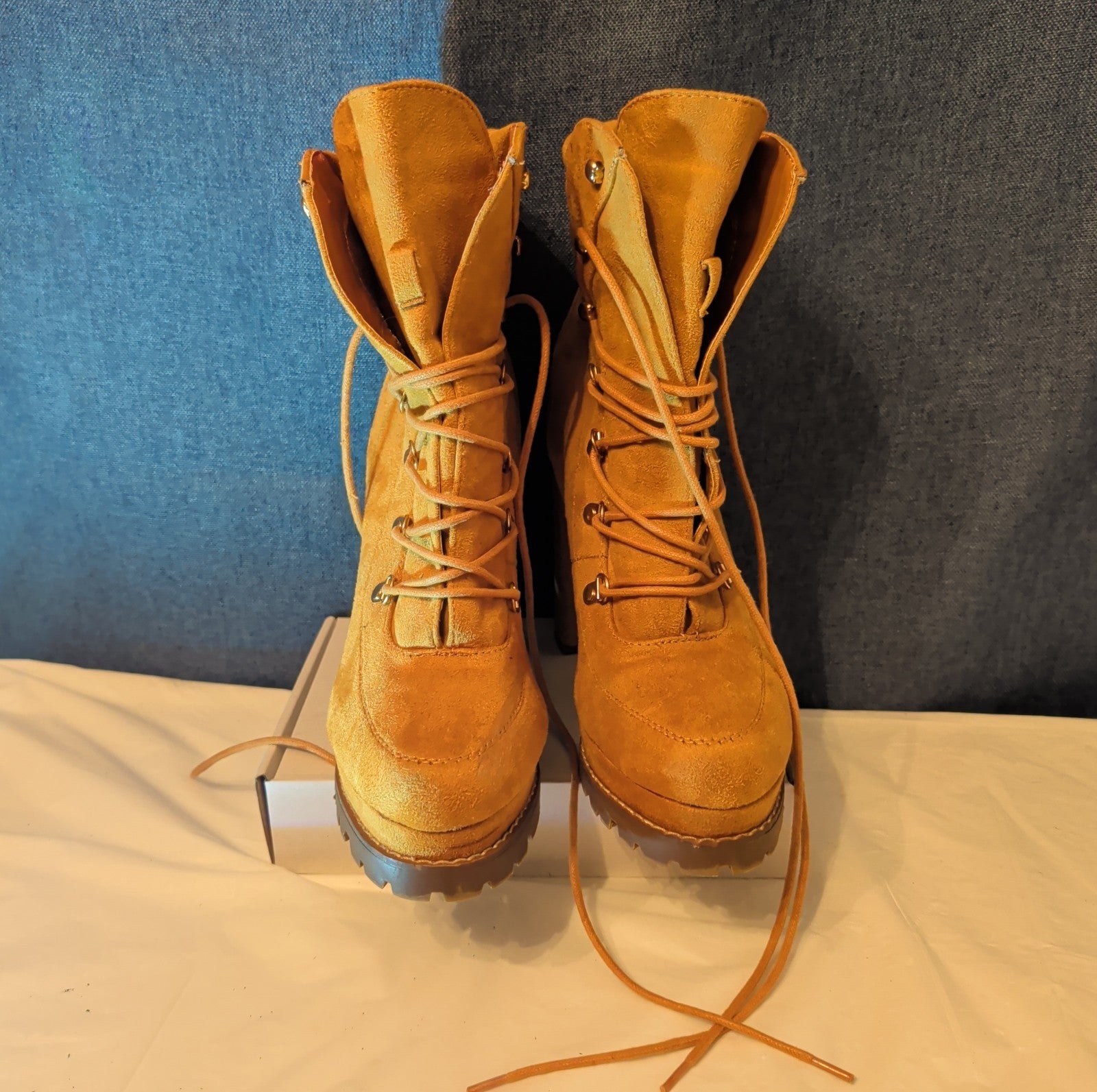 Chunky Platform Heel Combat Boot Faux Suede Mustard Y2K  Size 10