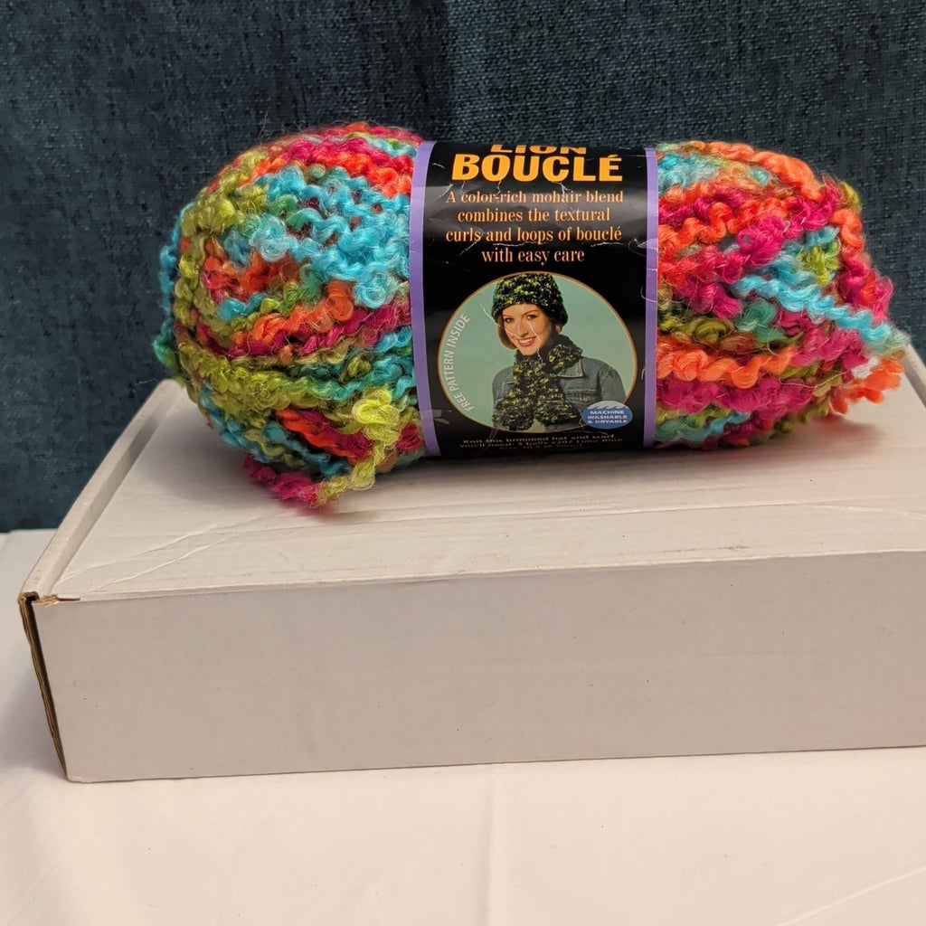 Lion Brand Lion Boucle Yarn Sorbet 205 Mohair Blend Textured Pink Teal Orange