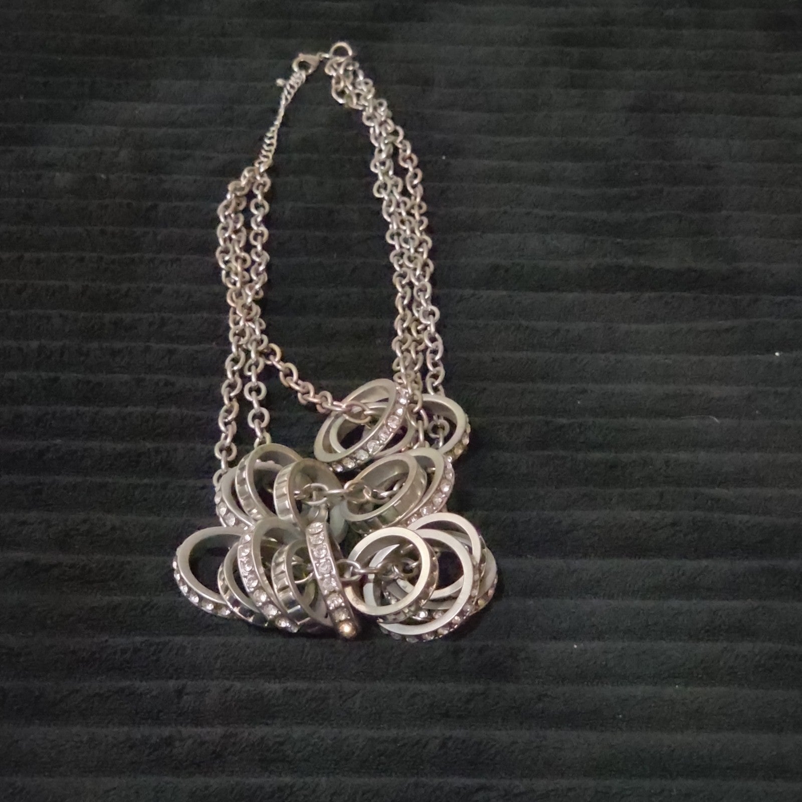 NY Collection Silver Tone Triple Chain Rhinestone Ring Cluster Necklace