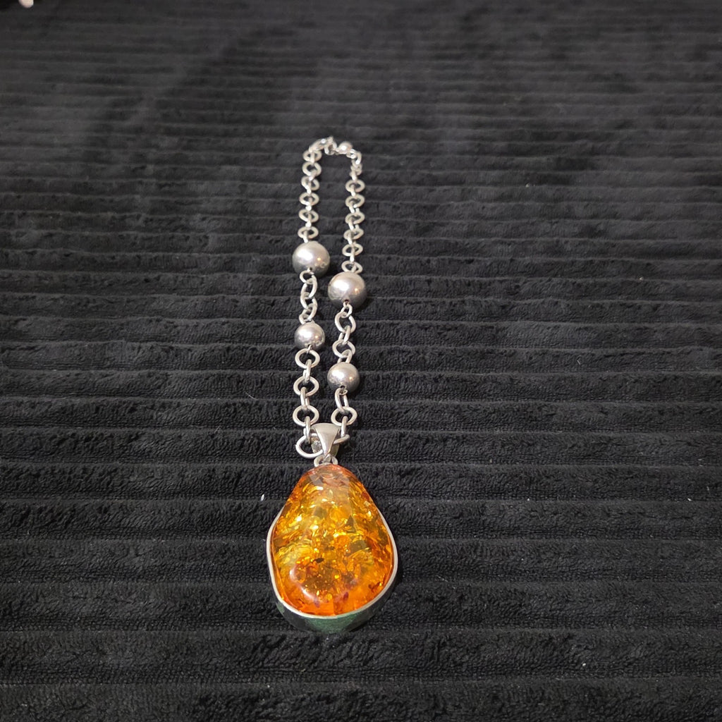Vintage Faux Amber Necklace Clip On Earrings Set Silver Tone Teardrop Shimmer