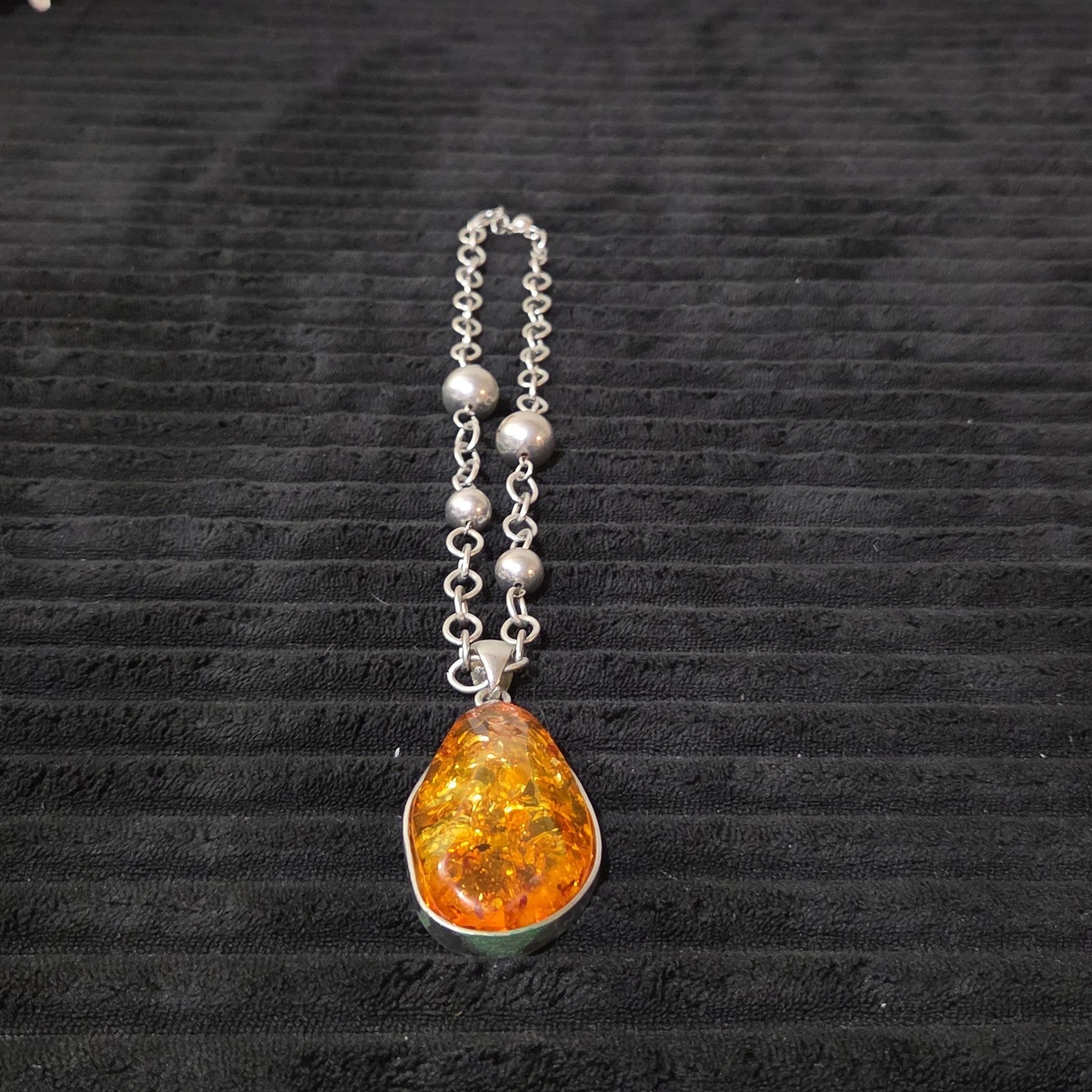 Vintage Faux Amber Necklace Clip On Earrings Set Silver Tone Teardrop Shimmer