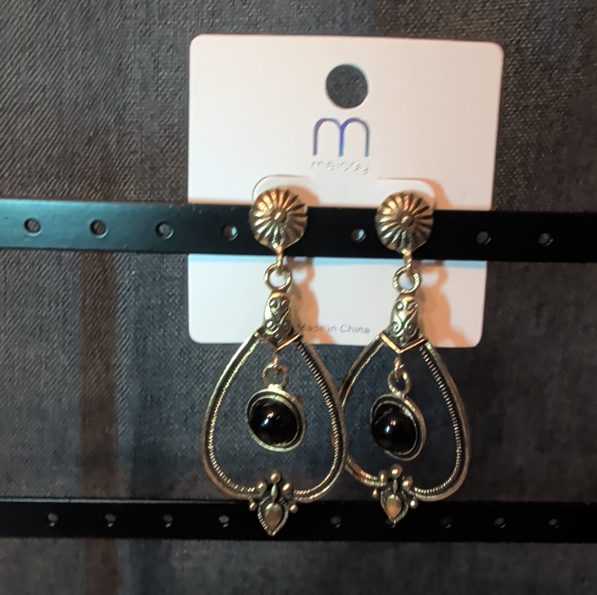 Melody Boho Western Dangle Earrings Gold Tone Black Bead Vintage Vibe