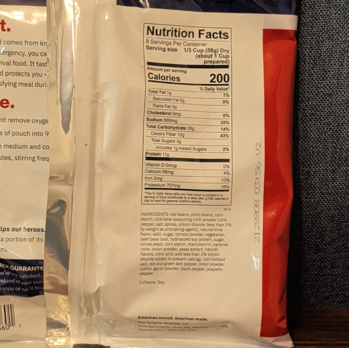 4Patriots Classic Bean Chili Emergency Survival Food Prepper Meal 8 Servings