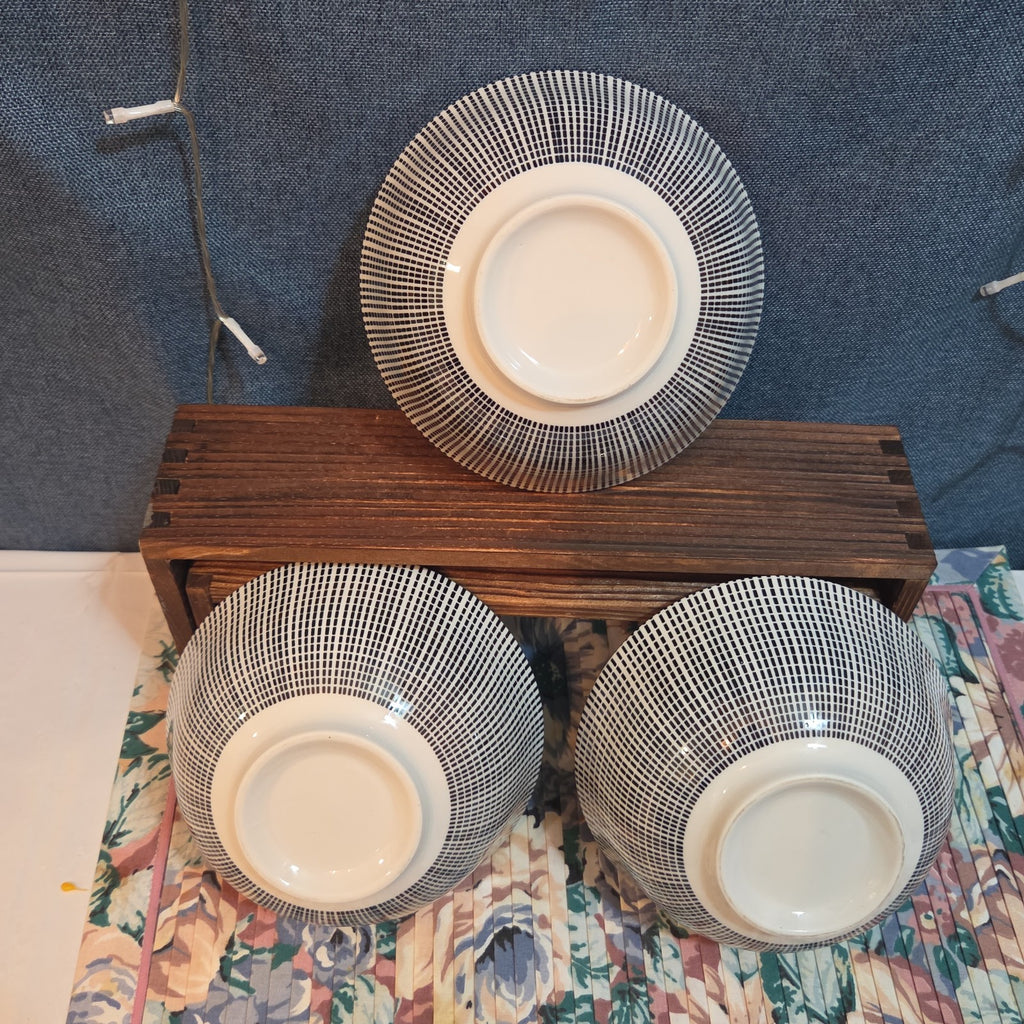 Royal Norfolk Set 3 Ceramic Bowls 6" Black White Dashed Swirl