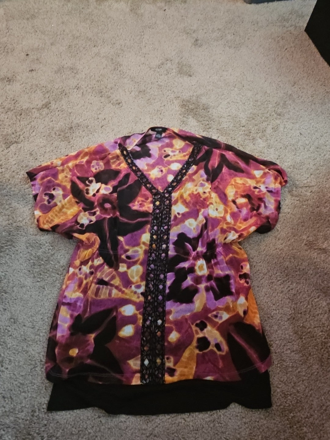 Alfani Petite Large P/L Boho Mesh Top Sheer Beaded V-Neck Floral Purple Blouse