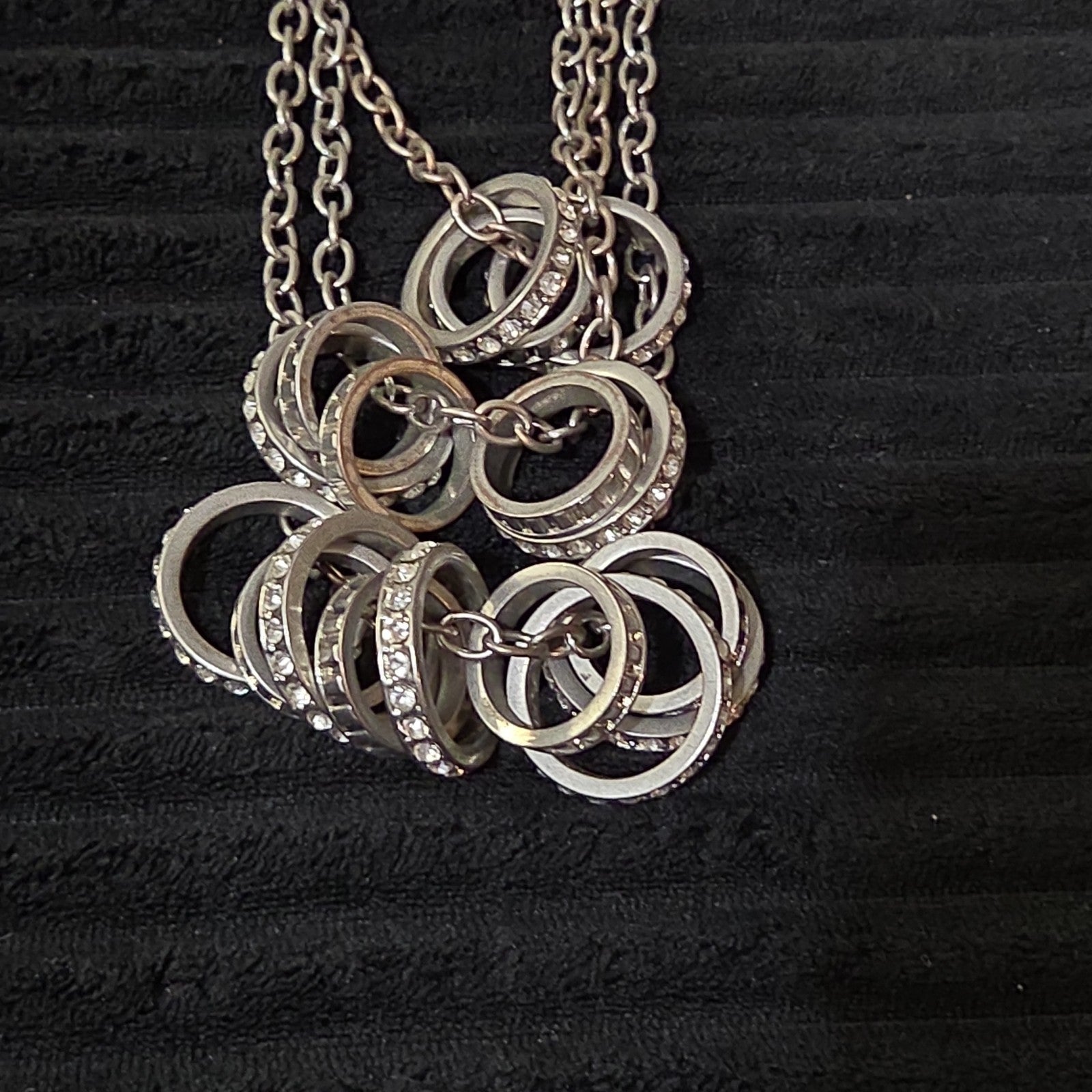 NY Collection Silver Tone Triple Chain Rhinestone Ring Cluster Necklace