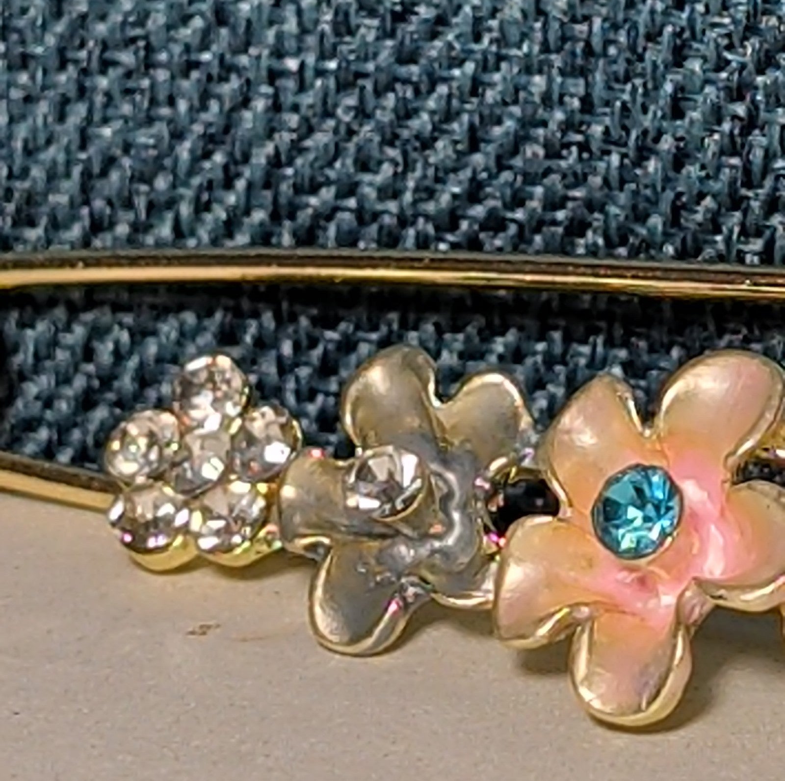 Floral Safety Pin Brooch Enamel Rhinestone Cottagecore PreOwned