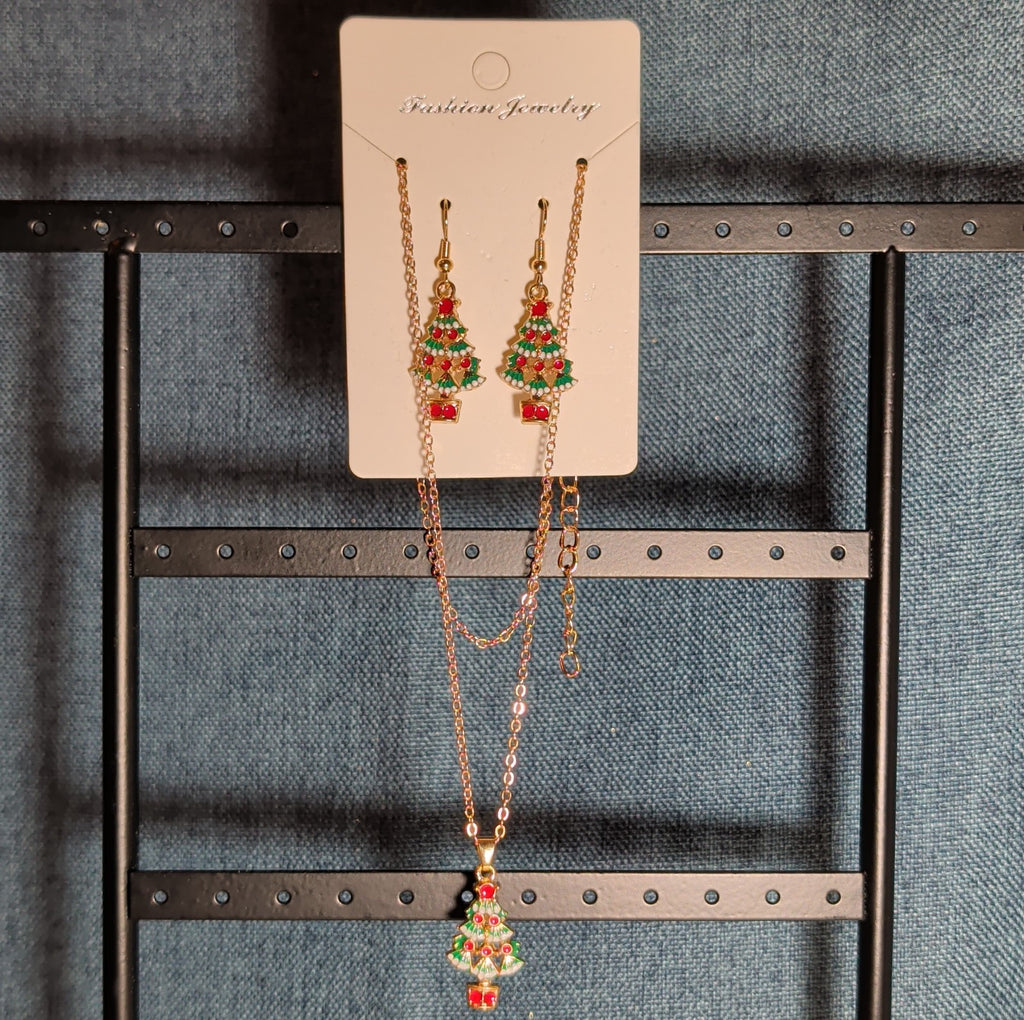 Christmas Tree Necklace Earring Set Gold Tone Enamel Holiday