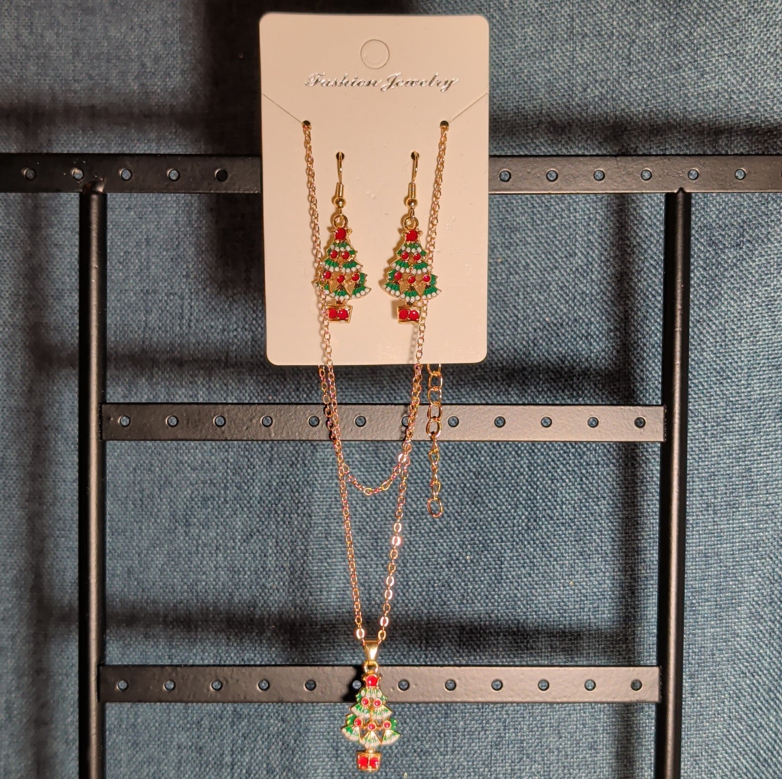 Christmas Tree Necklace Earring Set Gold Tone Enamel Holiday