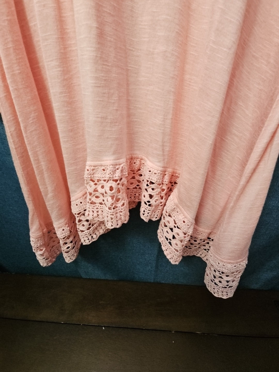 Indigo Soul Boho Tunic Top Large Pink Rayon Crochet Lace Sharkbite Hem Lagenlook