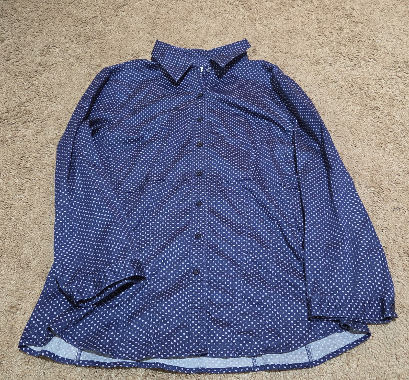 New York & Company Blouse Blue Polka Dot Button Down Office Wear Used Size L
