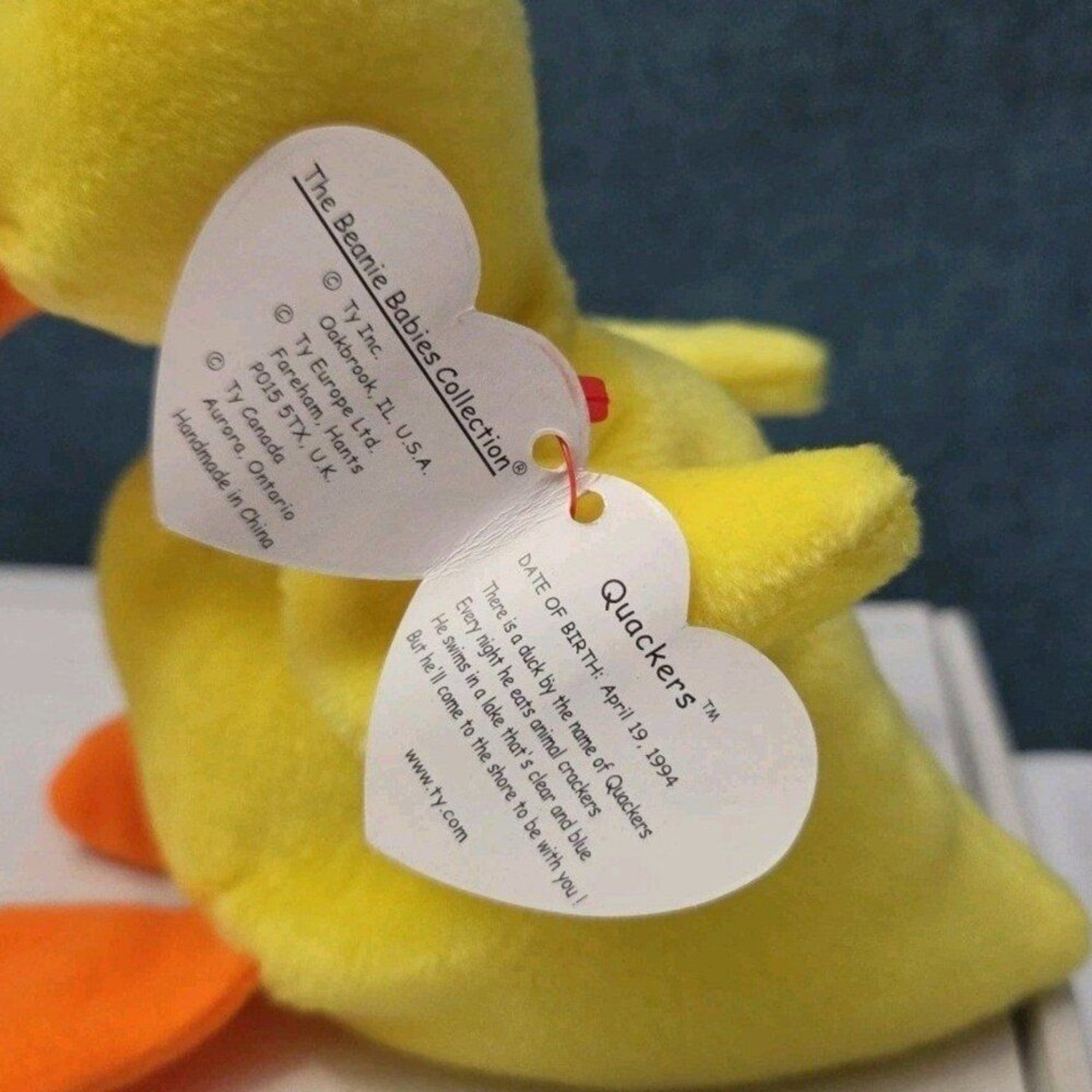 TY Beanie Baby QUACKERS the Duck 1994 Mint Plush Mint Tags Vintage Yellow Plush