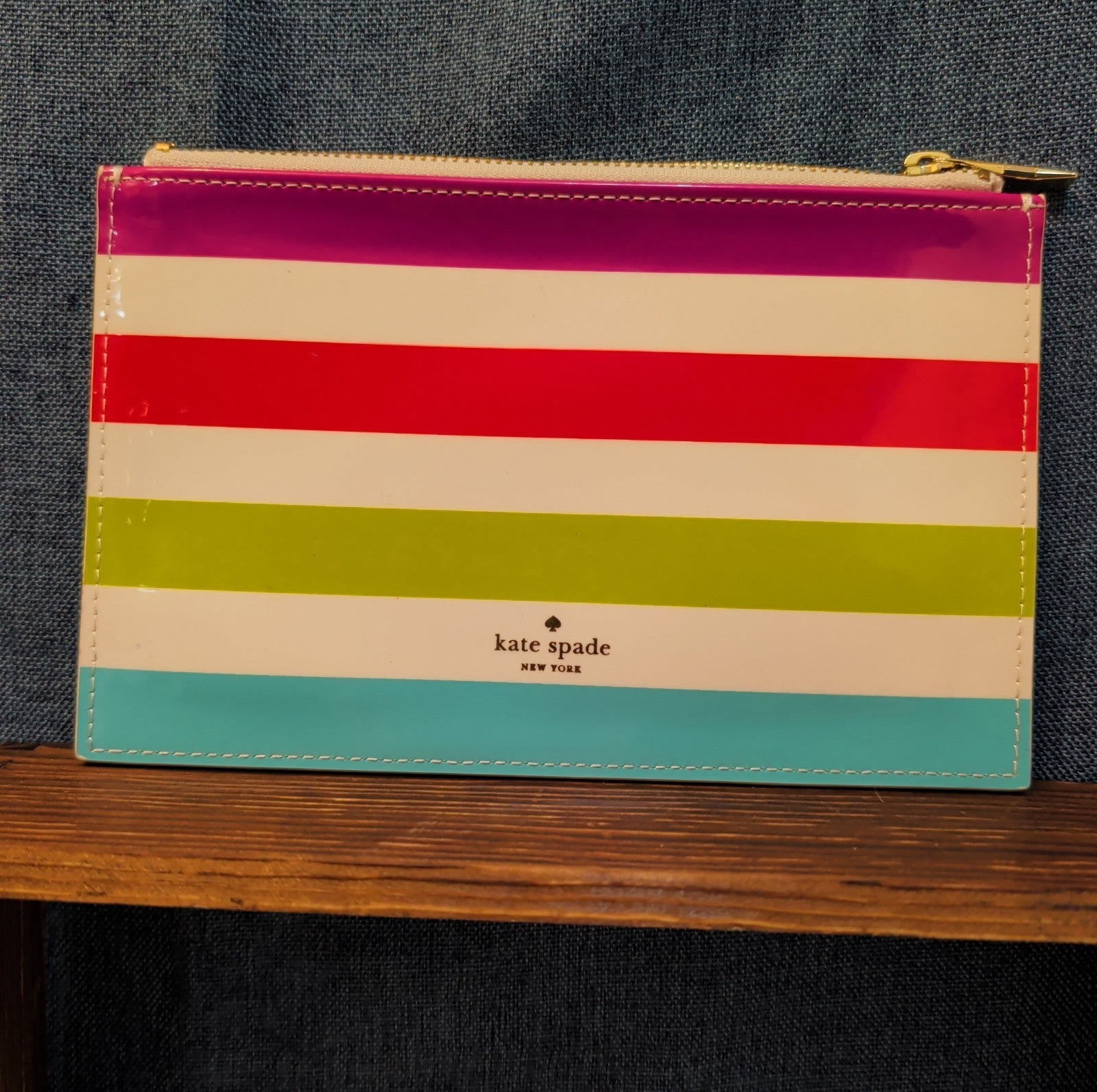 Kate Spade Striped Pencil Case Makeup Pouch Glossy Patent Preppy