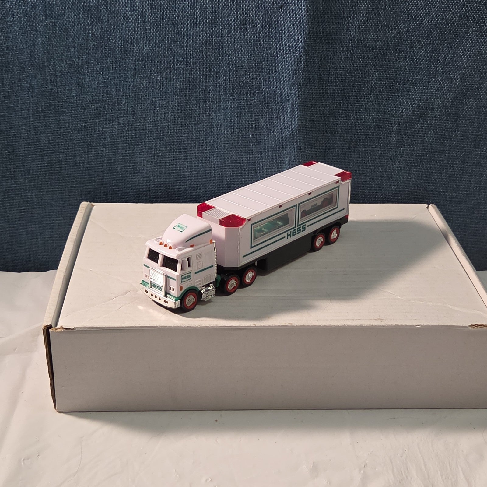 2021 Hess Mini Toy Truck Semi Hauler with Race Car White & Green Collectible