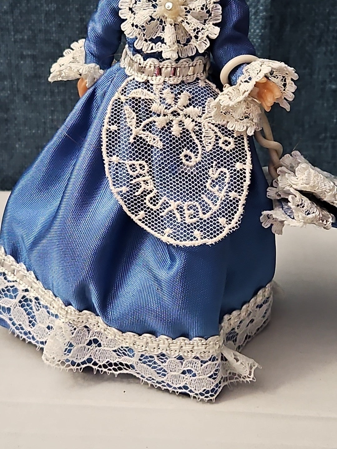 Vintage Brussels Souvenir Doll | 6" Belgium Blue Dress | "Bruxelles" Lace Apron