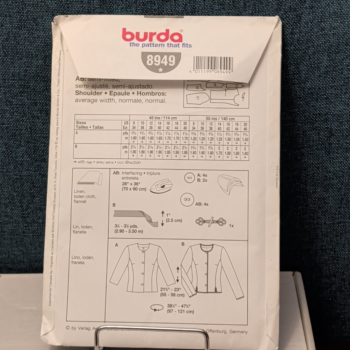 BURDA 8949 Misses Jacket Sewing Pattern | Sizes 8-20 | Easy Chanel Style UNCUT