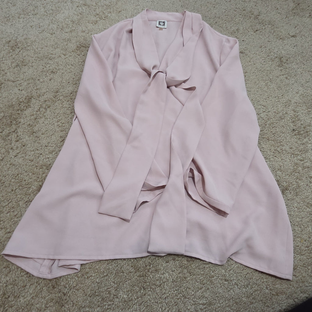 Anne Klein Blouse L Pink Tie Neck V-Neck Long Sleeve Career Top