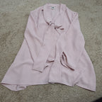 Anne Klein Blouse L Pink Tie Neck V-Neck Long Sleeve Career Top