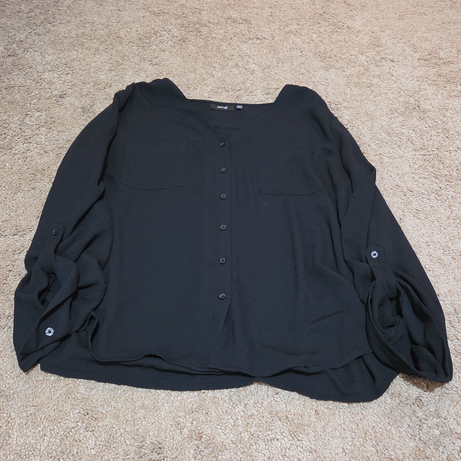Apt 9 Black Blouse Womens XL V-Neck Roll Tab Sleeve Lightweight Shirt Casual Top