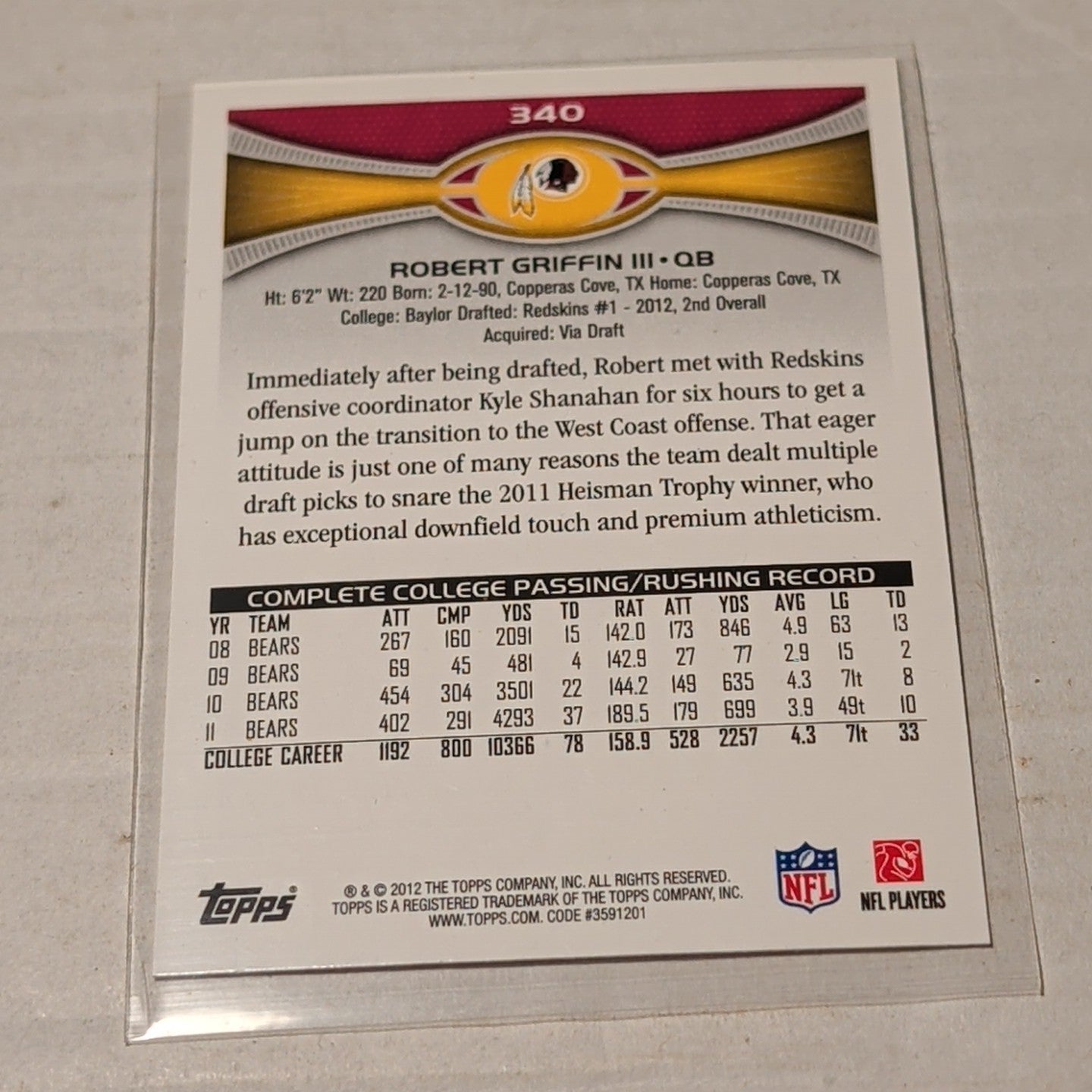 Robert Griffin III 2012 Topps RC #340 Redskins RC 