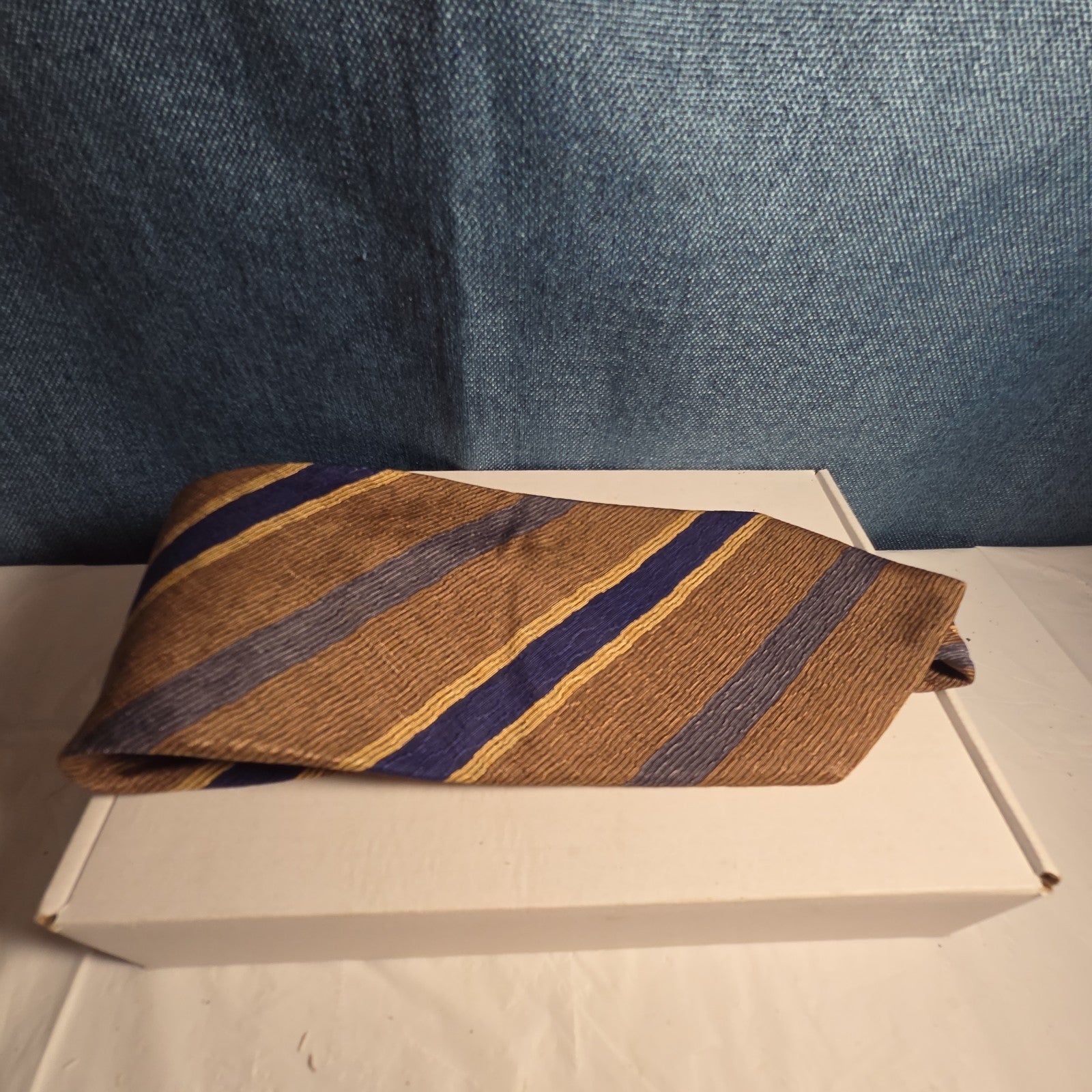 J.Z. Richards Silk Tie Edwards Michigan Brown Blue Stripe Frayed As Is Vest Tie