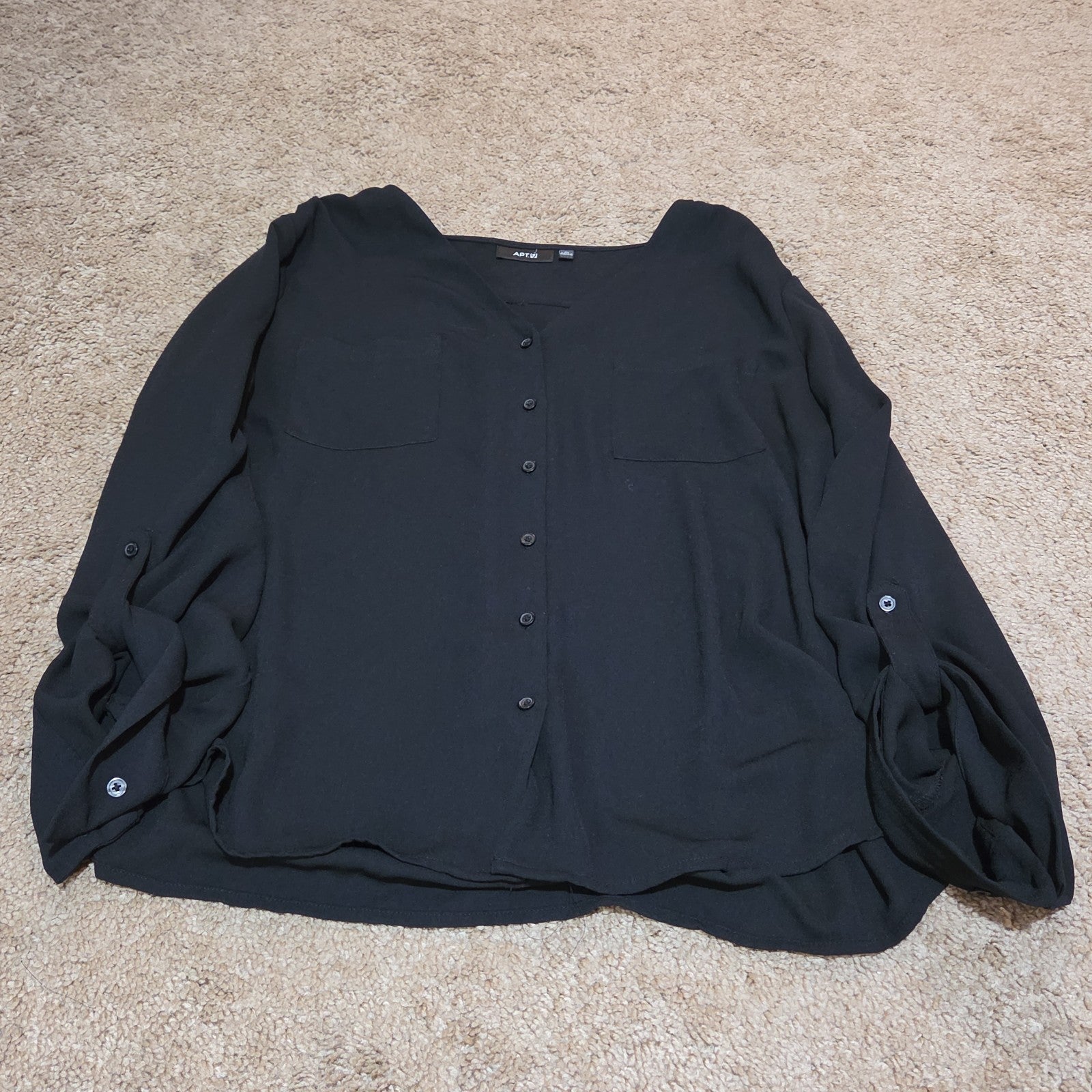 Apt 9 Black Blouse Womens XL V-Neck Roll Tab Sleeve Lightweight Shirt Casual Top