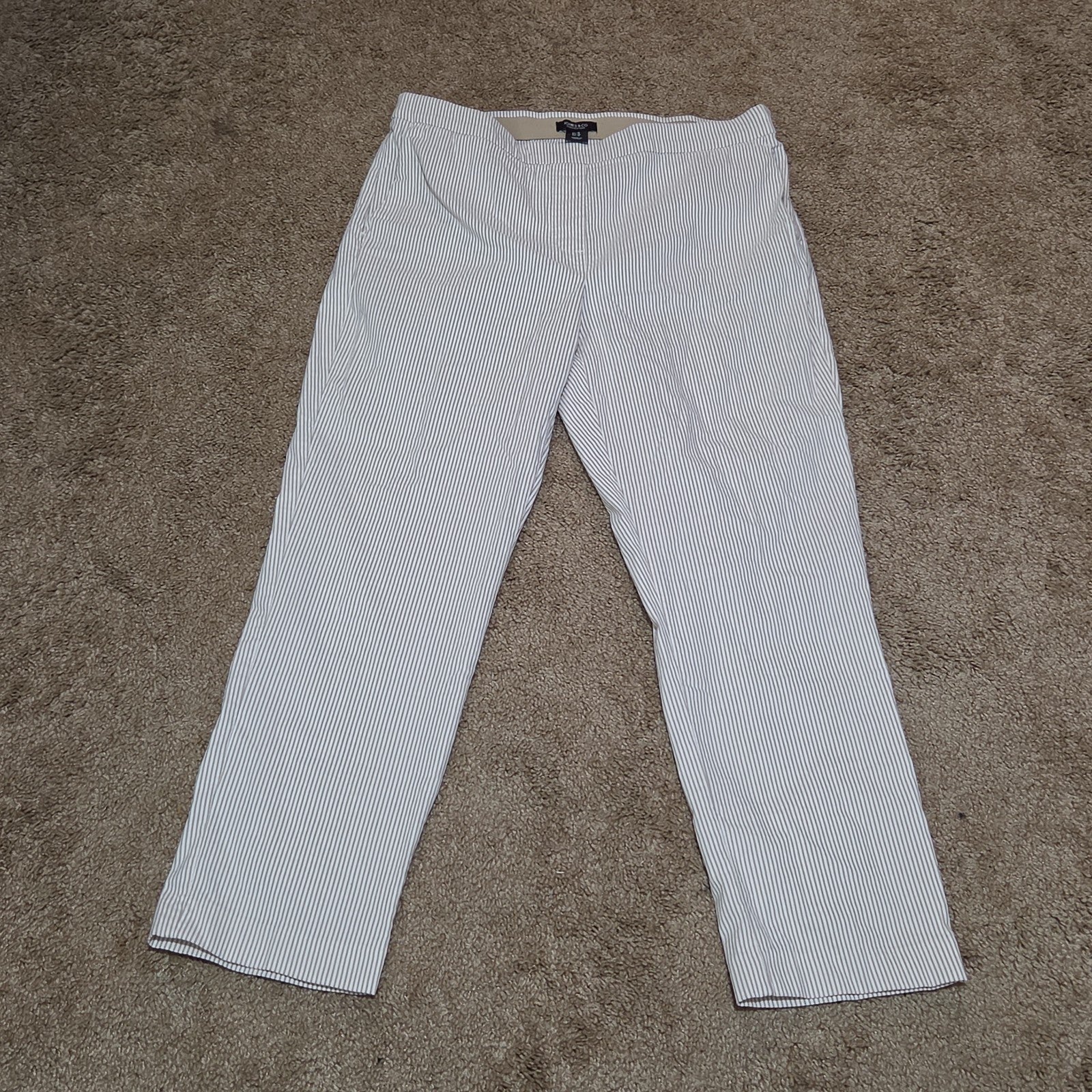 Jones New York Pants Womens 12 Tan White Stripe Pull On Crop Trouser Cotton Good